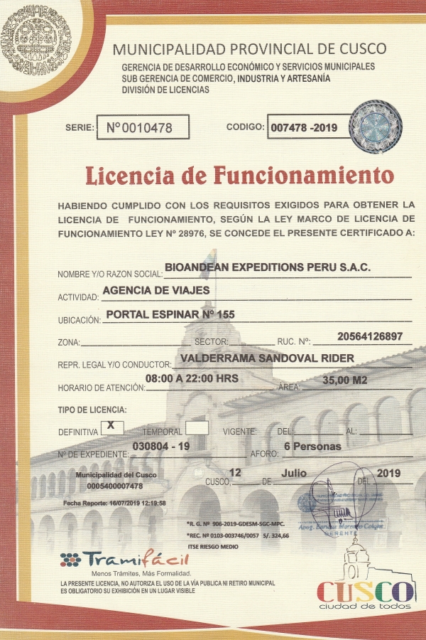 licencia de funcionamiento bioandean